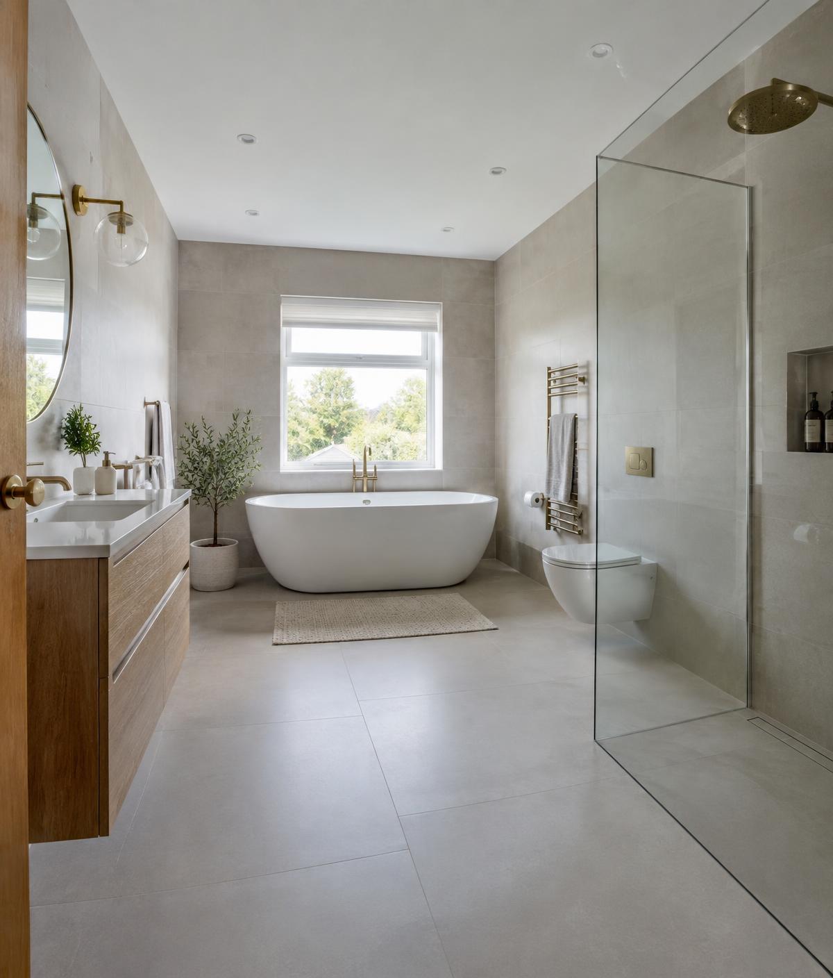 Recently renovated family bathroom with a freestanding bath, walk-in shower and large-format wall tiles