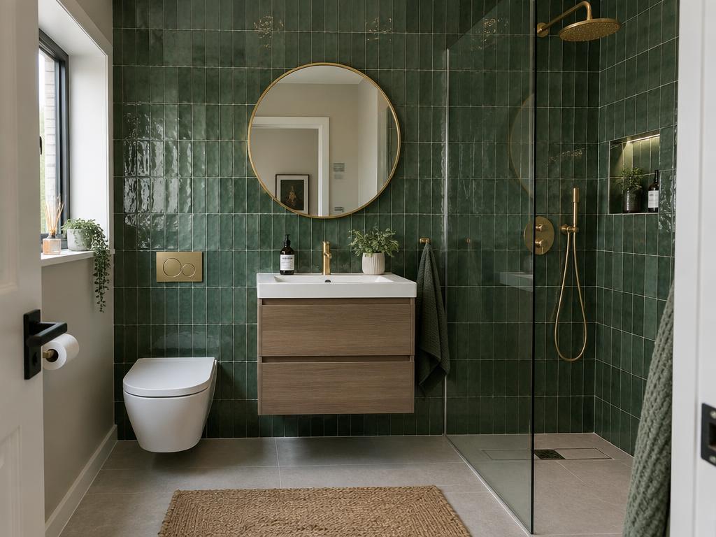 Compact en-suite: Wall-hung WC, concealed cistern and handmade-effect tiles.