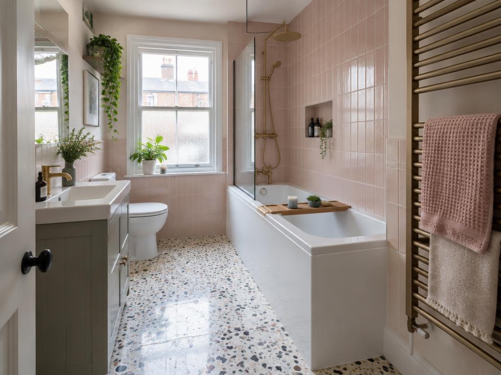 Victorian terrace bathroom: Shower-bath, terrazzo floor and heated towel rail.
