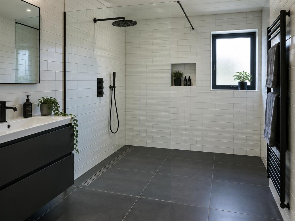 Walk-in wet room: Level-access floor, linear drain and full tanking.